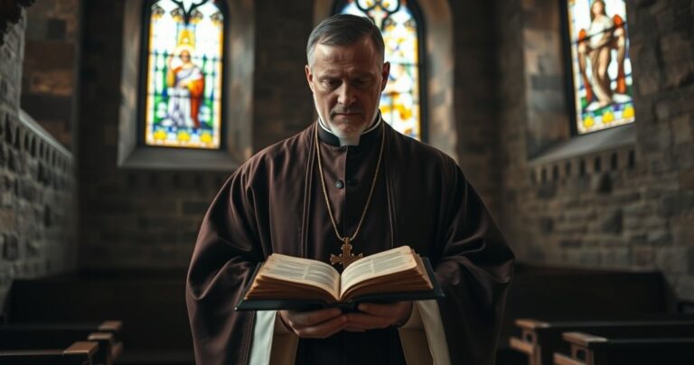 Tradycyjny katolicki kapłan w szatach liturgicznych trzymający otwartą Biblię w historycznym kościele z witrażami, symbolizujący jedność katolicką z perspektywy sedevakantystycznej