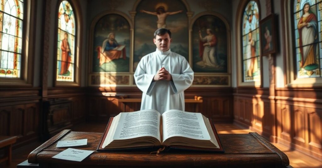 Tradycyjna kaplica katolicka z Biblią i kapłanem w stroju liturgicznym, symbolizującą konflikt między tradycyjną doktryną a nowoczesnymi odchyleniami