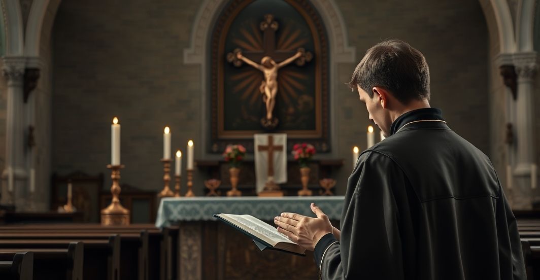 Młody katolik modli się w tradycyjnej kaplicy przy ołtarzu, wyrażając duchową powagę i kontemplację, w otoczeniu sakramentów i krzyża