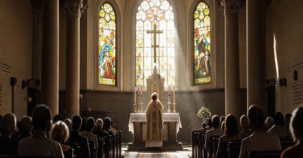 Wnętrze tradycyjnej kaplicy katolickiej z ołtarzem i tabernakulum w centrum, z księdzem w tradycyjnych szatach celebrującym Mszę za dusze czyśćcowe.
