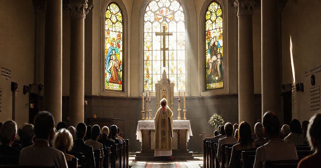 Wnętrze tradycyjnej kaplicy katolickiej z ołtarzem i tabernakulum w centrum, z księdzem w tradycyjnych szatach celebrującym Mszę za dusze czyśćcowe.