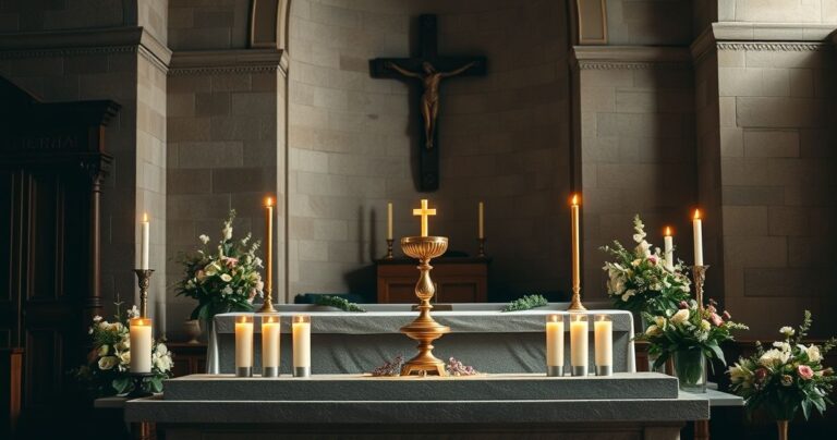 Fotografia tradycyjnej katolickiej kaplicy z ołtarzem, hostią i świecami, oddająca szacunek i duchową głębię wiary katolickiej w kontekście Tradycji.