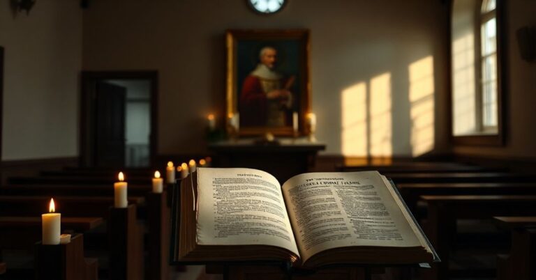 Ciemny wnętrze tradycyjnej kaplicy katolickiej z zapalonymi woskowymi światłami i portretem św. Piusa X na ścianie, symbolizującym zapomnianych męczenników komunistycznych prześladowań.