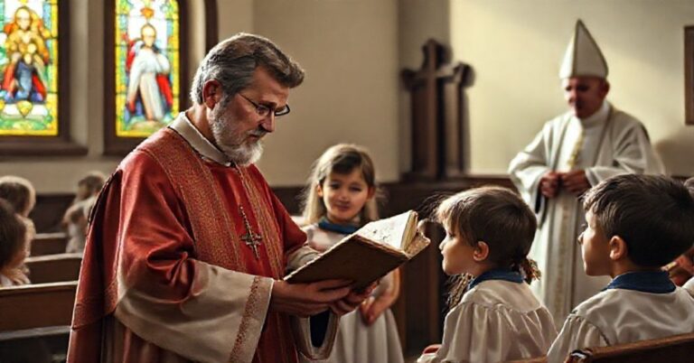 Tradycyjny katecheta w stroju liturgicznym uczy dzieci niepełnosprawnych intelektualnie w modnej kościele. Scena jest pełna váżności i pokoju.
