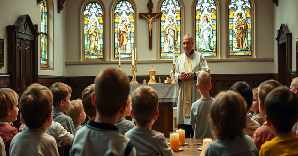 Tradycyjna klasa katechetyczna z księdzem i dziećmi modlącymi się przed ołtarzem z monstrancją i krzyżem w kościele katolickim.
