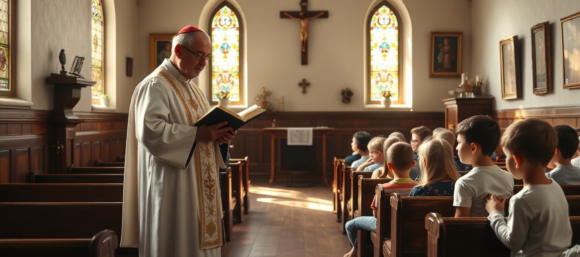 Tradycyjna katecheza - prawdziwe nauczanie Kościoła Tradycyjna lekcja katechetyczna w sali parafialnej z kapłanem w tradycyjnych szatach liturgicznych i uważnymi dziećmi