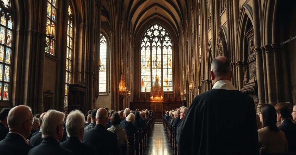 Wnętrze tradycyjnej francuskiej katedry z gotycką architekturą i wiernymi w modlitwie, z kapłanem administrującym sakrament pokuty według rytu z 1962 roku.