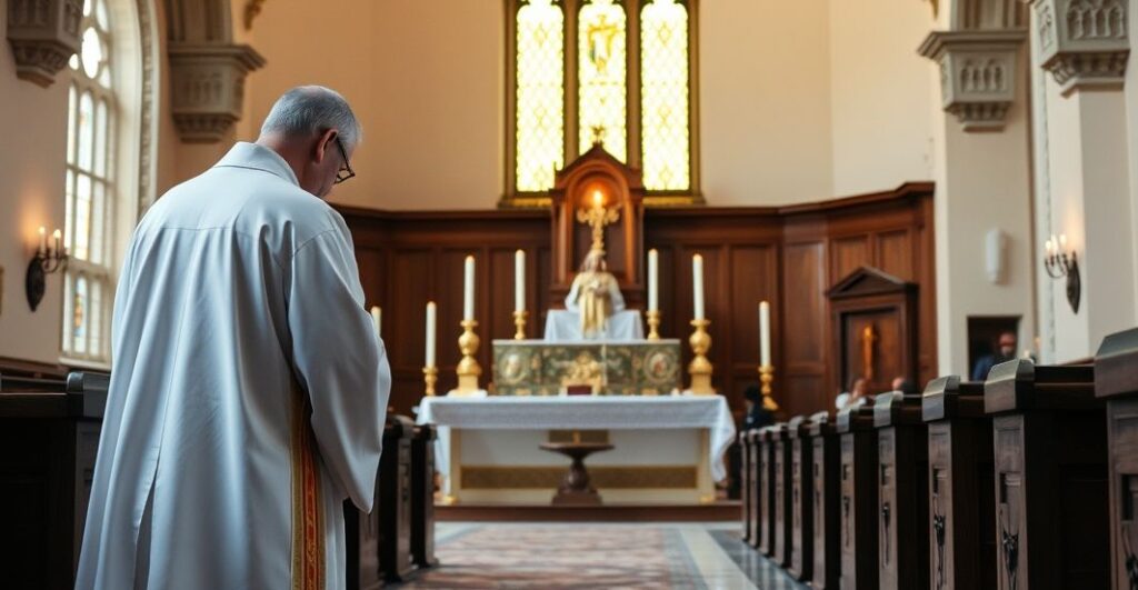 tradycyjna katolicka kaplica podczas adoracji Eucharystii, kapłan klęczy przed monstrancją, scena pełna szacunku i modlitwy