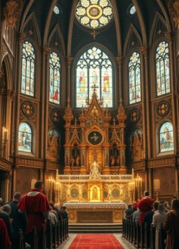 Tradycyjna katolicka adoracja Najświętszego Sakramentu w świątyni Obraz ukazujący pobożne wystawienie Najświętszego Sakramentu w tradycyjnej katolickiej świątyni, odzwierciedlający wierność katolickim zasadom i szacunek dla sakramentu