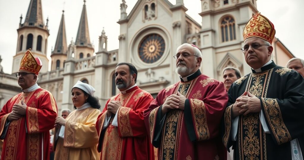 Obraz ukazujący tradycyjną katolicką ceremonię przed historyczną rezydencją papieską, podkreślającą powagę i kontemplację w świetle krytyki ekumenicznej i ekologicznej herezji.