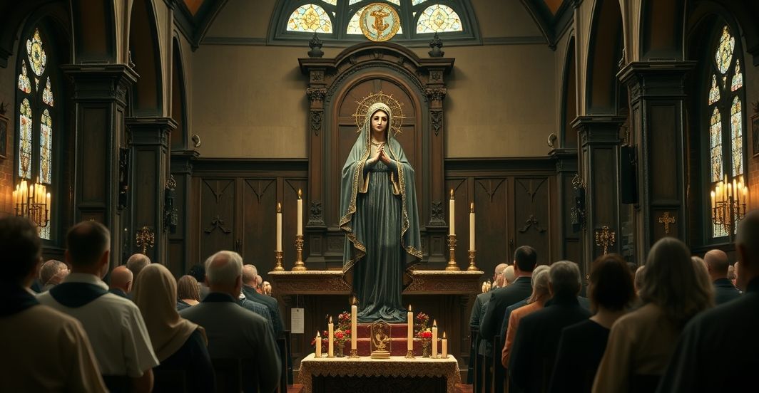 Tradycyjna scena katolicka z figurą czarnej madonny w kościele Tradycyjna katolicka scena w kościele z figurą czarnej madonny, ukazująca kontrowersje wokół kultu i modernistycznych wpływów