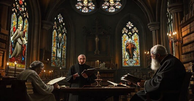 Tradycyjna katolicka debata teologiczna w kaplicy z ks. Piotrem Bartoszkem i innym teologiem w sutannach