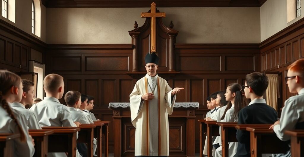 Reverent Catholic classroom z kapłanem i uczniami w tradycyjnych strojach, skupionymi na nauce religii, podkreślając duchowość i dyscyplinę zgodną z nauką Kościoła