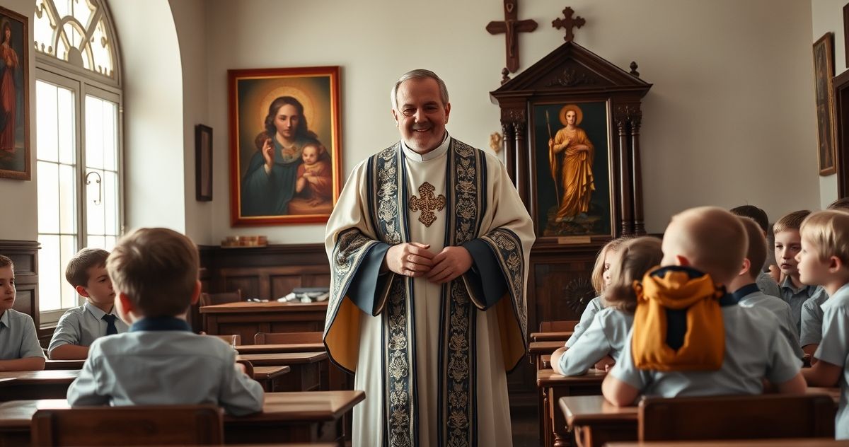 Tradycyjna katolicka edukacja w obliczu kryzysu moralnego Tradycyjna katolicka klasa z kapłanem uczącym dzieci, podkreślająca powagę i wiarę w obliczu współczesnych zagrożeń edukacyjnych