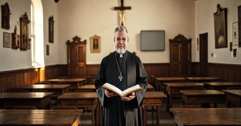 Klasyczna, katolicka scena edukacyjna z kapłanem i dziećmi w tradycyjnym otoczeniu, podkreślenie autentycznego nauczania i poszanowania dla wartości katolickich