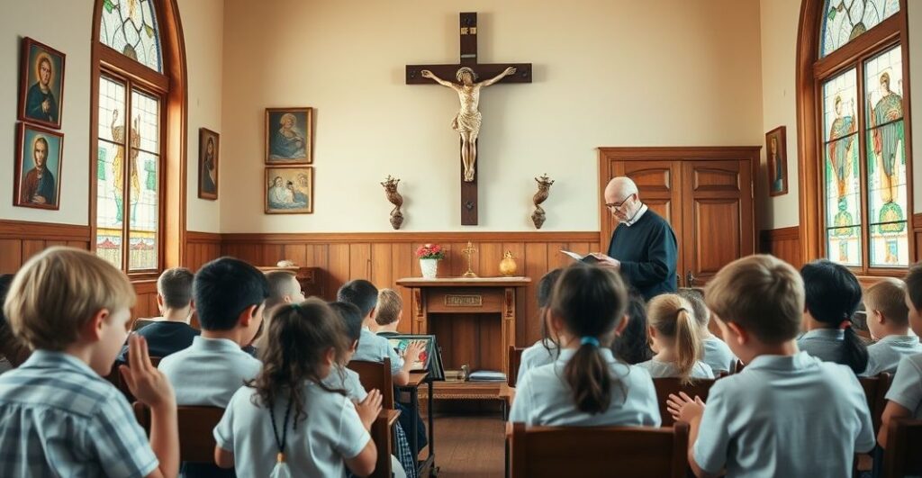 Tradycyjna katolicka klasa szkolna z dziećmi modlącymi się różańcem, krzyżem w tle i księdzem w sutannie uczącym katechizm. Scena pełna jest zawsze katolickich wartości, dyscypliny i formacji duchowej, kontrastująca z nowoczesną świecką edukacją.