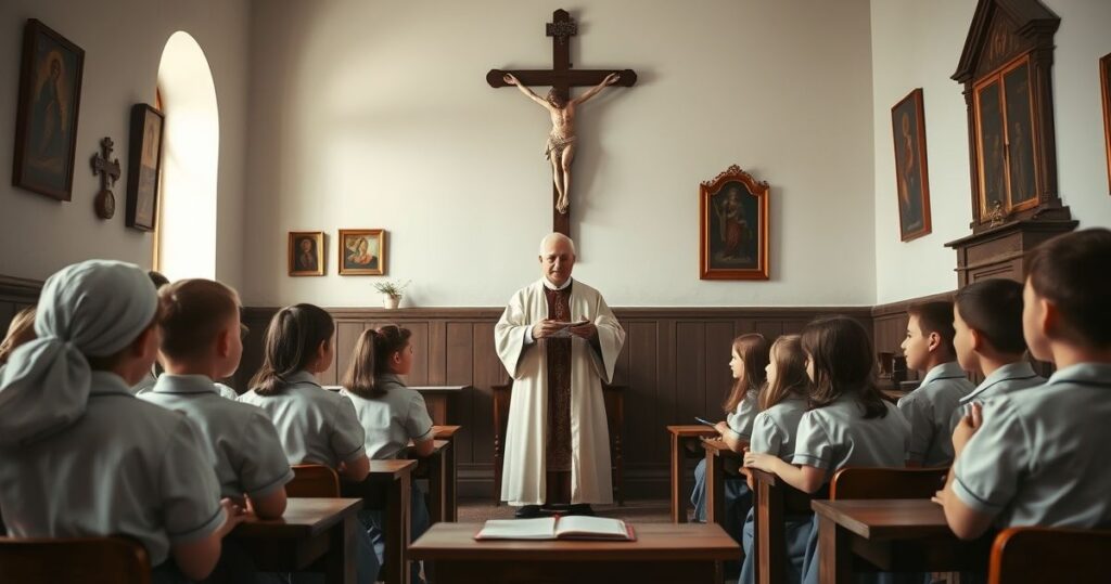 Tradycyjna katolicka klasa z księdzem uczącym katechizmu dzieci w strojach szkolnych, ikony religijne na ścianie, krzyż, atmosfera skupienia i pobożności