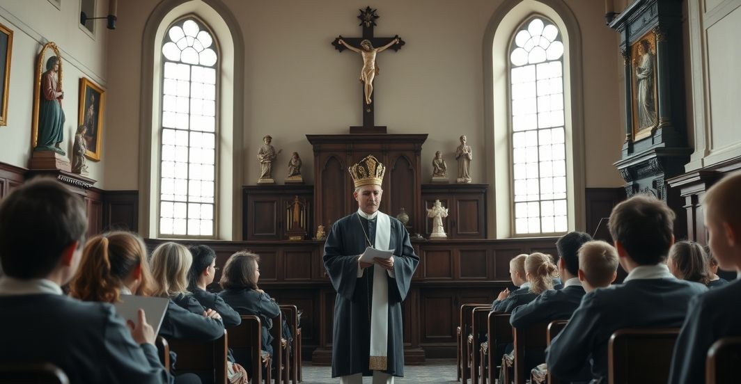 Tradycyjna katolicka klasa szkolna z nauczycielem w sutannie i uczniami w świątyni, odzwierciedlająca wierne i poważne nauczanie katolickie, z krzyżem i świętymi obrazami