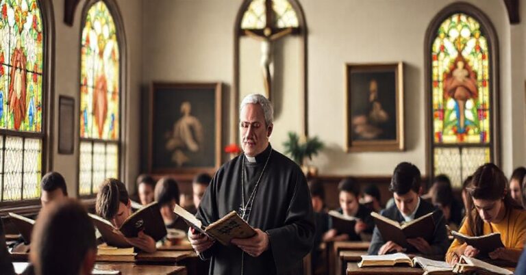 Tradycyjna katolicka sala lekcyjna z nauczycielem w szatach kościelnych uczy dzieci z podręczników religijnych przy oświetleniu przez witraże.