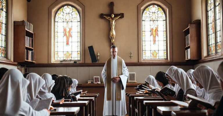Wyczerpujący widok tradycyjnej katolickiej klasy z krzyżem, księgami i kapłanem, podkreślający świętość katolickiej edukacji.