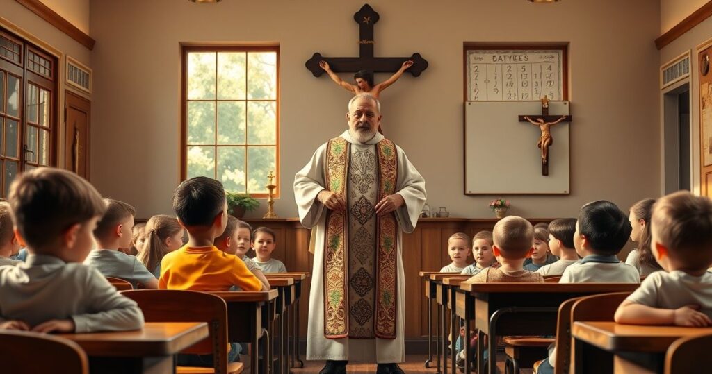 Realistyczne zdjęcie tradycyjnej katolickiej klasy z księdzem i dziećmi, podkreślające wagę edukacji opartej na wierze, w duchu konserwatywnego katolicyzmu