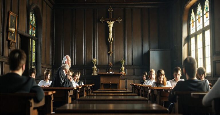 Tradycyjna katolicka klasa z księdzem i uczniami, podkreślająca katolickie nauki i krytykę nowoczesnej edukacji