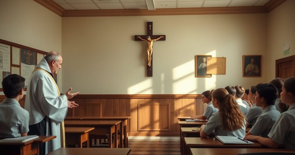 Realistyczne zdjęcie tradycyjnej katolickiej klasy szkolnej z kapłanem i krucyfiksem, podkreślające autentyczną edukację katolicką bez modernistycznych elementów