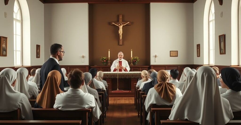 Konwiczny obraz katolickiej klasy z uczniami, skupionymi na wierze, przy ołtarzu z krucyfiksem, ukazujący tradycyjne wartości i powagę religii katolickiej