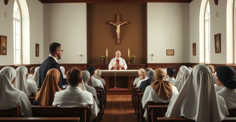 Konwiczny obraz katolickiej klasy z uczniami, skupionymi na wierze, przy ołtarzu z krucyfiksem, ukazujący tradycyjne wartości i powagę religii katolickiej