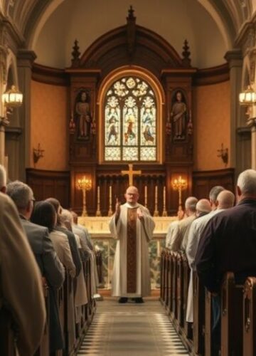 Tradycyjna katolicka liturgia w kościele podczas poważnej ceremonii Zdjęcie kościoła katolickiego z tradycyjnym liturgicznym wystrojem, skupione na poważnej, pełnej czci ceremonii w oczekiwaniu na prawdziwą świętość