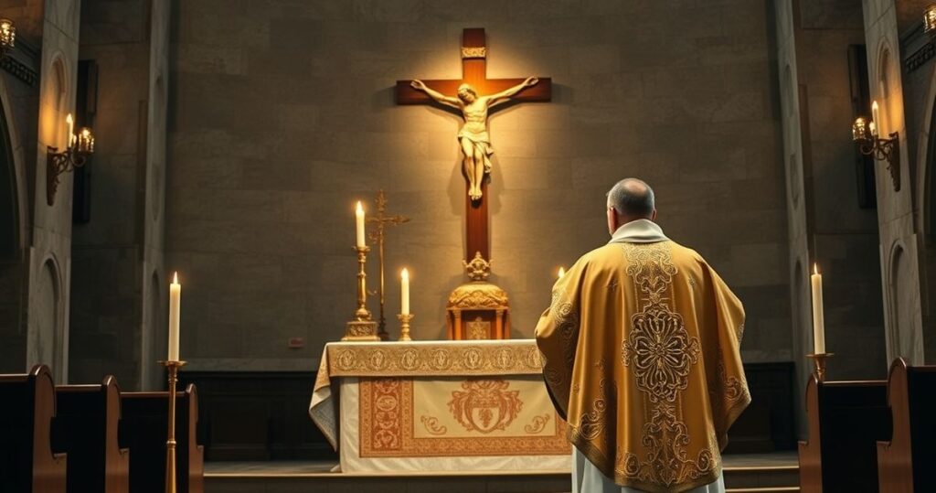 Scena liturgiczna w tradycyjnej katolickiej świątyni podczas Mszy św., z kapłanem podnoszącym Eucharystię i wiernymi w modlitwie, ukazując głęboką pobożność i szacunek.