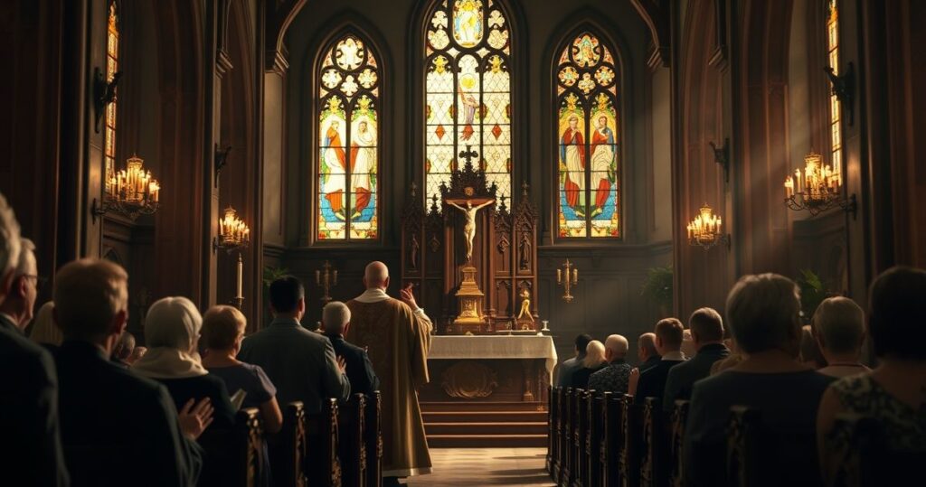 Tradycyjny katolicki kościół podczas nabożeństwa z kapłanami i wiernymi w modlitwie, wyraz powagi i wiernej liturgii