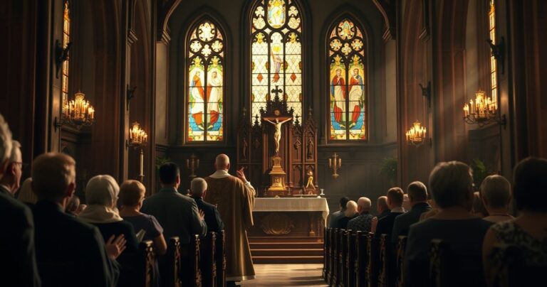 Tradycyjny katolicki kościół podczas nabożeństwa z kapłanami i wiernymi w modlitwie, wyraz powagi i wiernej liturgii