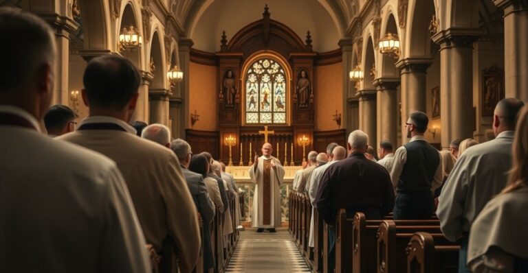 Zdjęcie kościoła katolickiego z tradycyjnym liturgicznym wystrojem, skupione na poważnej, pełnej czci ceremonii w oczekiwaniu na prawdziwą świętość
