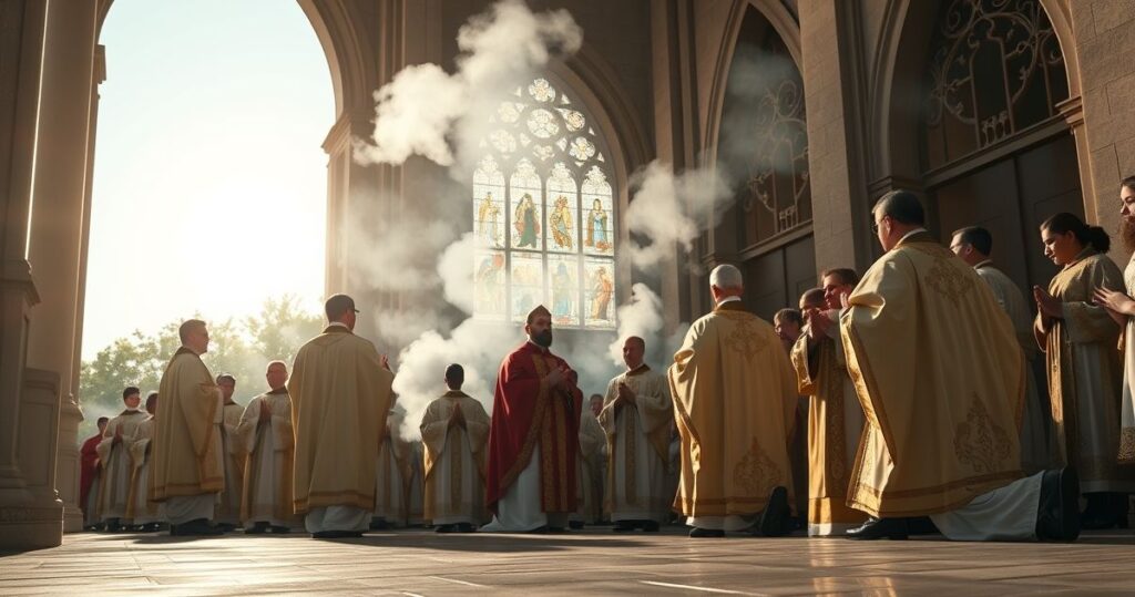 Fotografia realistyczna ukazująca tradycyjną katolicką liturgię na otwartym powietrzu, z kapłanami w ornatach, wiernymi, kadzidłem i starożytną architekturą kościelną, oddająca ducha prawdziwej wiary katolickiej.