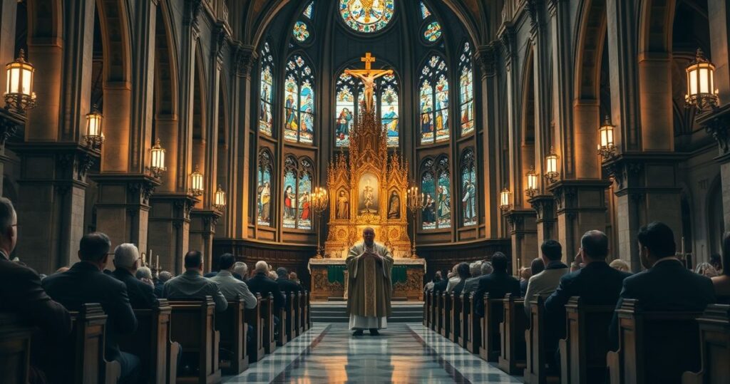 Sanktuarium katolickie z kapłanem w liturgicznych szatach przed ołtarzem, modlącymi się wiernymi, wyraz szacunku i wiary