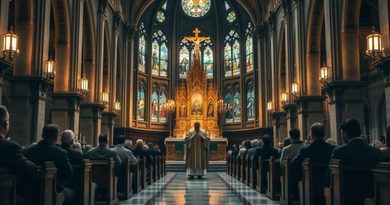 Sanktuarium katolickie z kapłanem w liturgicznych szatach przed ołtarzem, modlącymi się wiernymi, wyraz szacunku i wiary