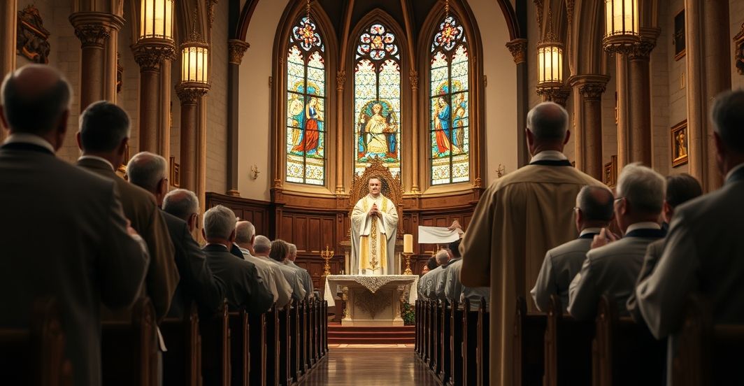 Rekolekcja katolicka w tradycyjnym kościele, kapłan z hostią, wierni w modlitwie, liturgia w stylu tradycyjnym, duchowa głębia.