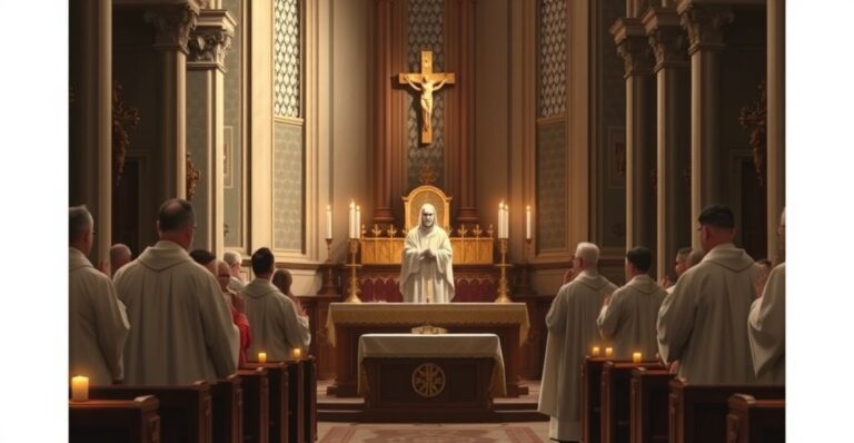 Tradycyjna katolicka scena w kościele z kapłanami podczas Mszy św., ukazująca autentyczną liturgię bez nowoczesnych lub symbolicznych elementów.