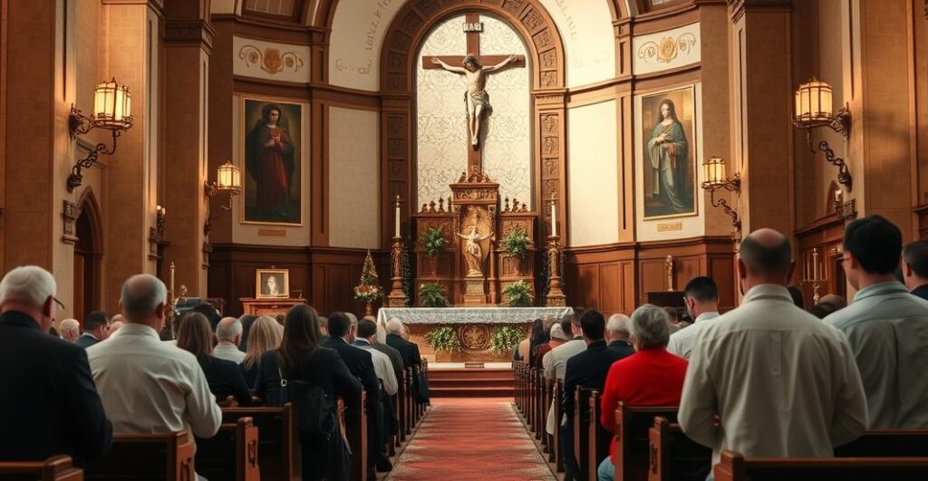 Obraz ukazujący tradycyjną katolicką liturgię w kościele, wiernych modlących się podczas nabożeństwa, ukazanie głębokiej pobożności i wierności naukom Kościoła odrzucającego modernizm