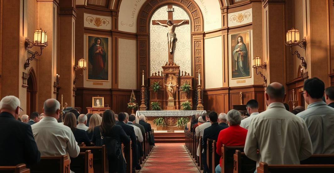 Tradycyjna katolicka liturgia w kościele - obraz wiernych modlących się Obraz ukazujący tradycyjną katolicką liturgię w kościele, wiernych modlących się podczas nabożeństwa, ukazanie głębokiej pobożności i wierności naukom Kościoła odrzucającego modernizm