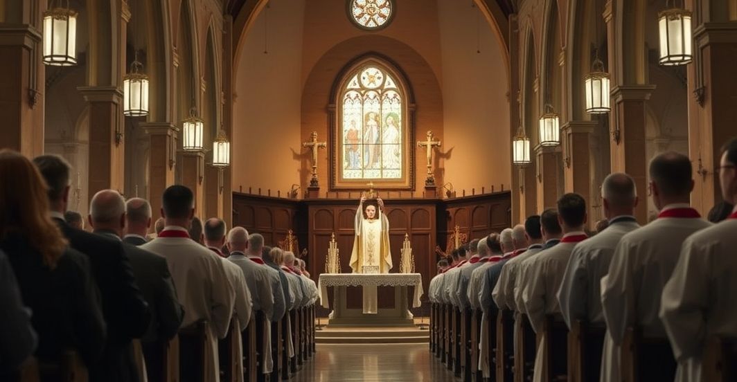 Tradycyjna katolicka scena liturgiczna krytykująca modernistyczną dezintegrację Kościoła Fotografia realistyczna z tradycyjnej katolickiej świątyni podczas nabożeństwa, ukazująca duchową i poważną atmosferę, symbolizującą krytykę modernistycznych odchyleń i heretyckich tendencji w Kościele