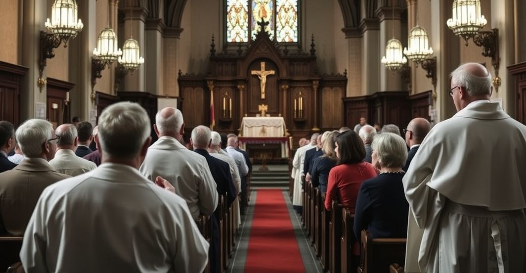 Obraz katolickiego kapłana i wiernych podczas liturgii, wyrażających powagę i krytykę wobec współczesnych kanonizacji, z tradycyjnym oświetleniem i naczyniem Eucharystii