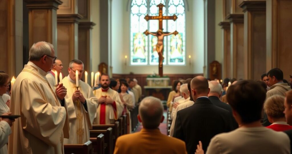 Obraz katolickiej tradycyjnej liturgii w świątyni, z kapłanami i wiernymi w modlitwie, ukazujący powagę i wierność tradycji przeciwko modernistycznym tendencjom