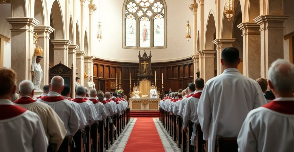 Reverent Catholic liturgical scene w kaplicy z kapłanem podczas mszy, podkreślająca tradycyjne wartości i duchowość