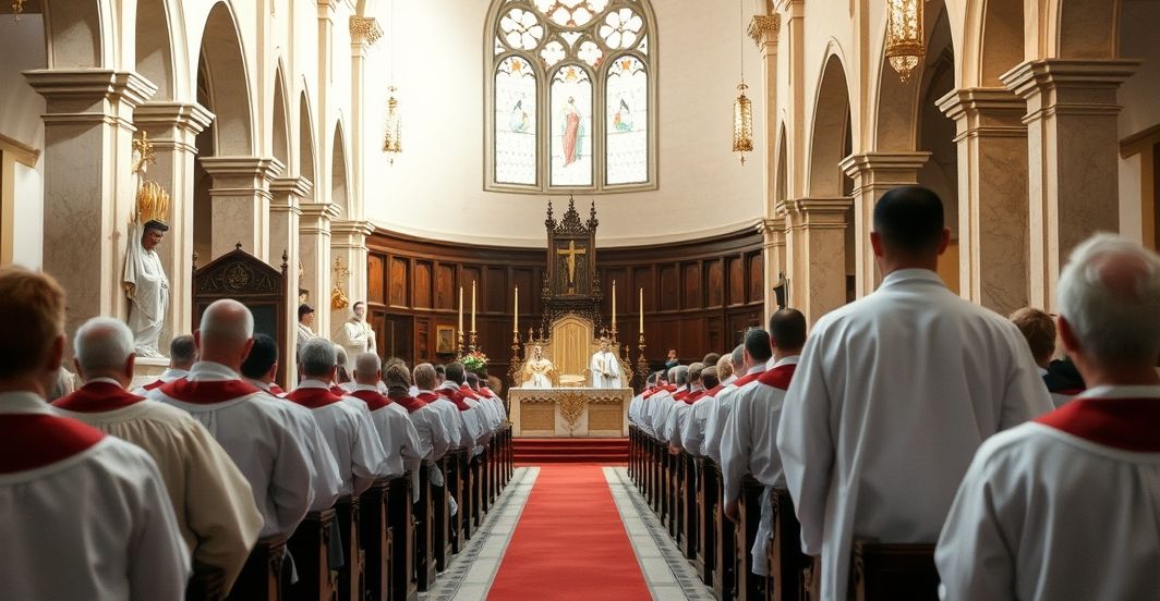 Reverent Catholic liturgical scene w kaplicy z kapłanem podczas mszy, podkreślająca tradycyjne wartości i duchowość