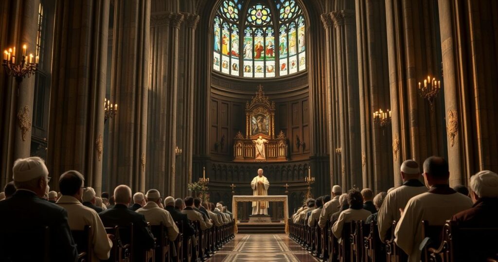 Obraz przedstawiający tradycyjną katolicką liturgię w kościele, ukazujący duchowe skupienie i powagę, symbolizujący obronę wiary przed modernistycznymi zagrożeniami