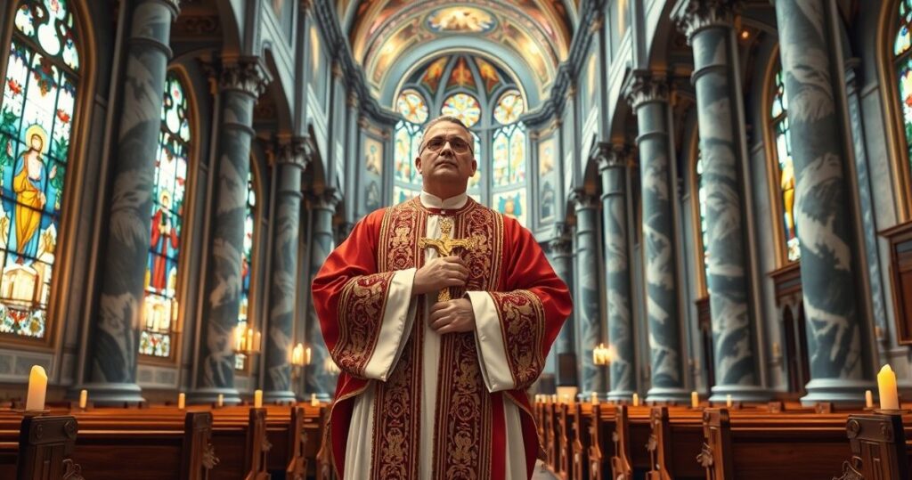 Rewersyjna scena katolickiego duchownego w kościele, ukazująca głębokie skupienie i tradycyjną liturgię, odzwierciedlającą autentyczną wiarę katolicką