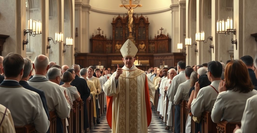 Realistyczny obraz tradycyjnej katolickiej liturgii w kościele Obraz prawdziwego katolickiego nabożeństwa w tradycyjnym kościele, skupienie na biskupie i wiernych, pełen powagi i szacunku, odzwierciedlający autentyczną liturgię katolicką