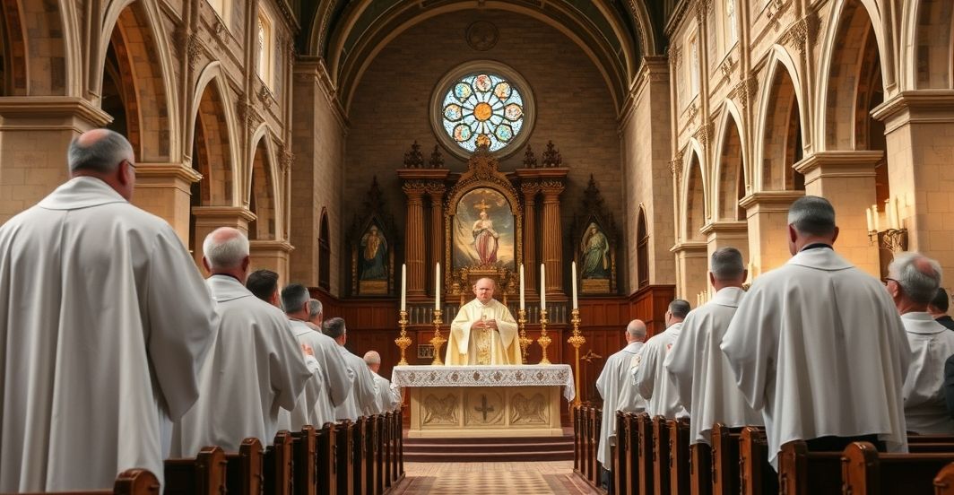 Rewersyjny obraz katolickiej liturgii w tradycyjnym kościele, ukazujący wiernych i kapłana w modlitewnej atmosferze, odwołujący się do tradycyjnej Eucharystii, krytyczny wobec modernistycznych deformacji liturgii.